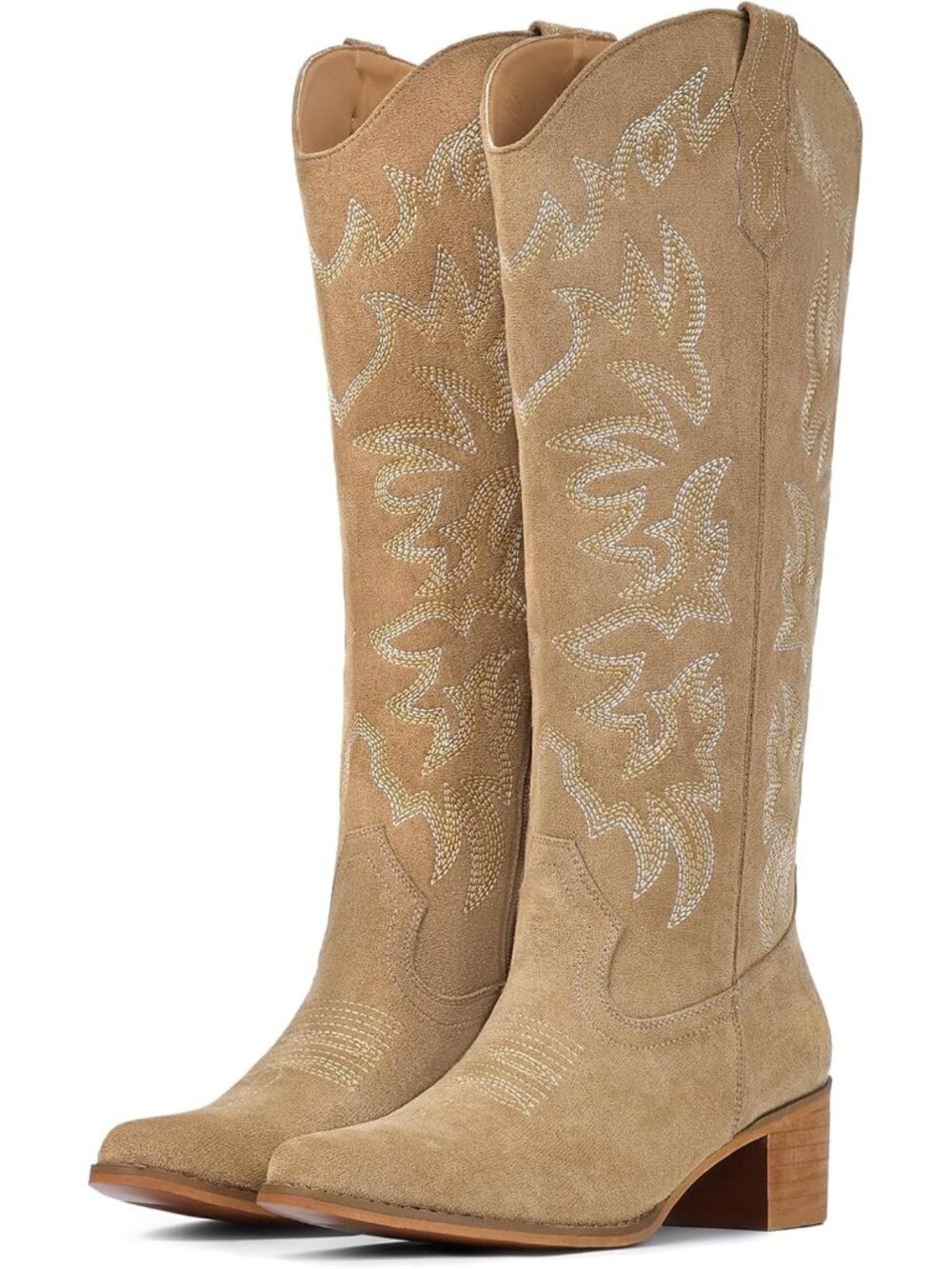 Women’s Apricot Knee-High Cowboy Boots Snip Toe Western Chunky Heel Zip